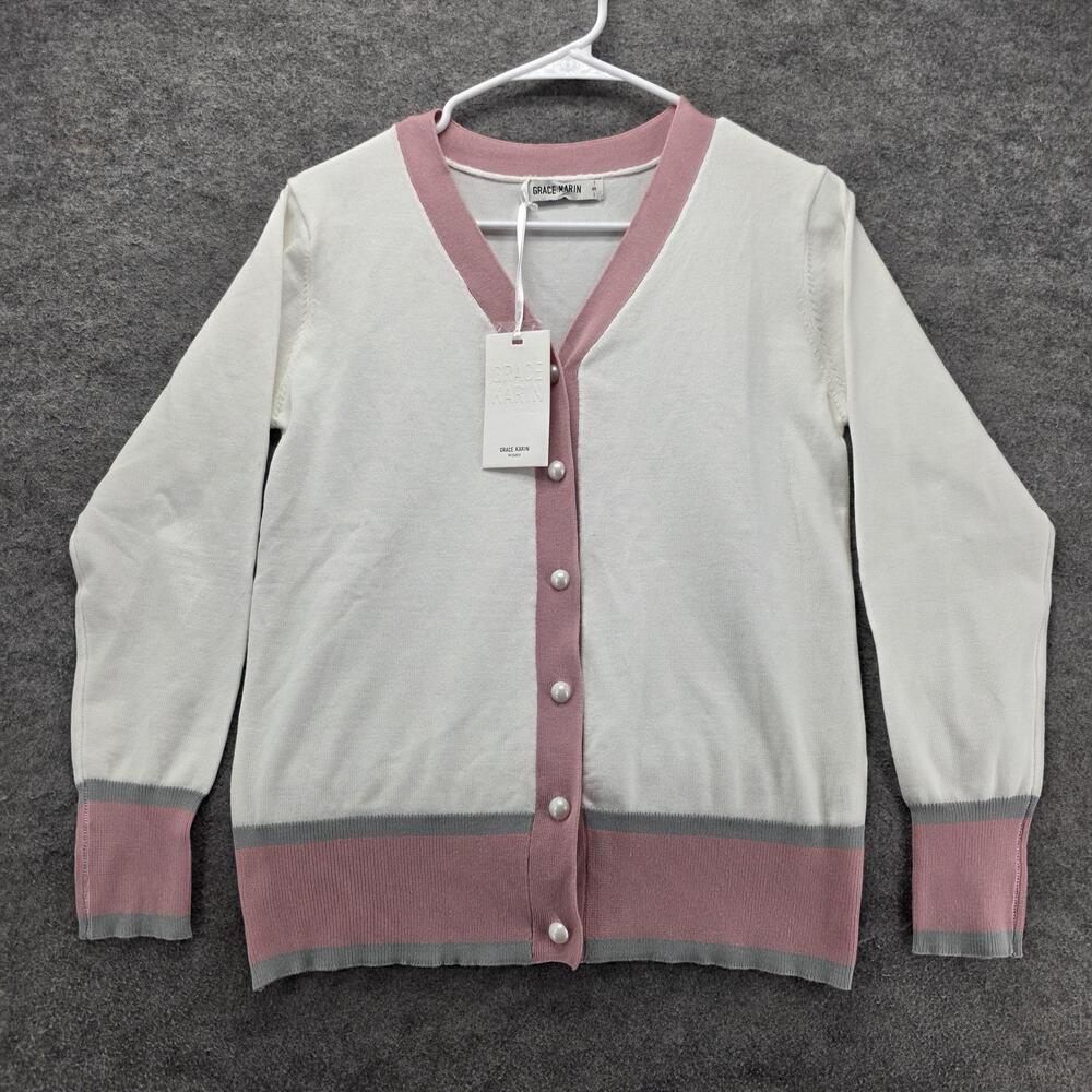 Grace Karin Cardigan Womens S White V-Neck Button Open Lightweight Knit